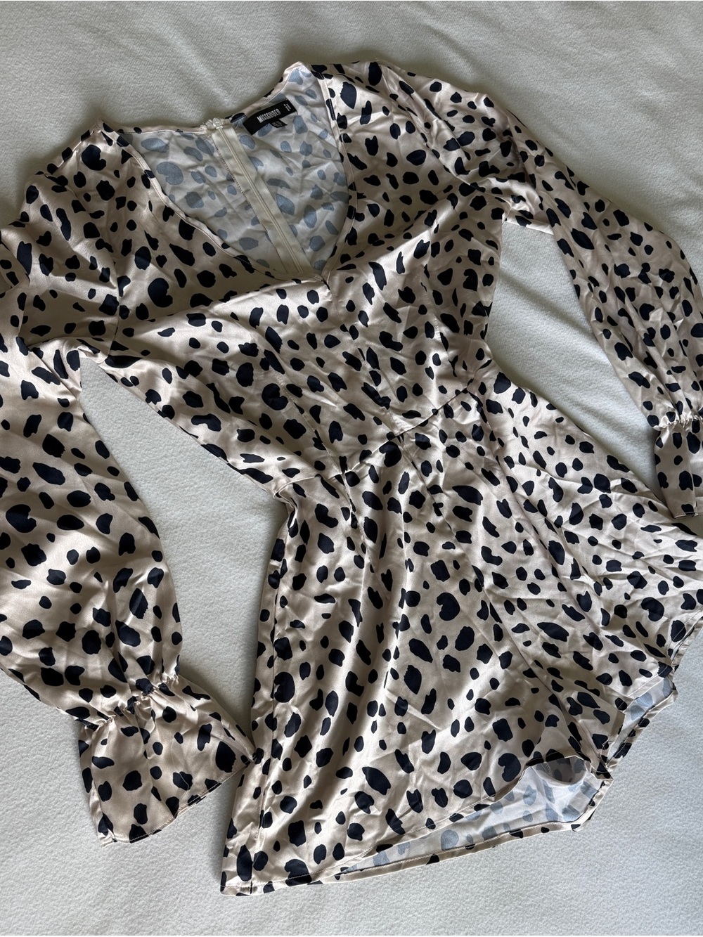 MISSGUIDED Dalmatian Animal Print Long Sleeve Satin-Like Romper